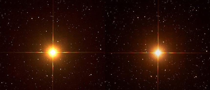 지구의 밤하늘에서 촬영한 베텔게우스. 왼쪽은 2016년 2월 9일, 오른쪽은 2020년 1월 1일 찍은 모습이다. 전에 비해 확연하게 어두워진 것을 알 수 있다.
